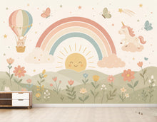Load image into Gallery viewer, Pastel Rainbow Nursery Wallpaper, Unicorn Kids Wall Mural, Boho Baby Room Decor, Whimsical Floral Wall Art 855LU