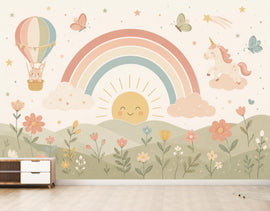 Pastel Rainbow Nursery Wallpaper, Unicorn Kids Wall Mural, Boho Baby Room Decor, Whimsical Floral Wall Art 855LU