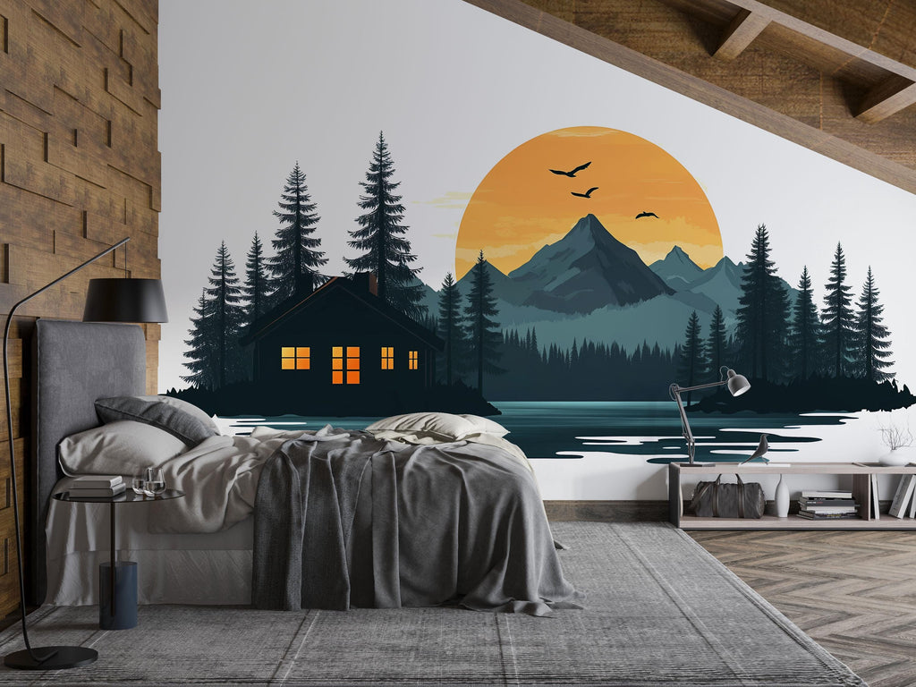 Mountain Cabin Wall Decal, Rustic Lake House Wall Art, Cozy Lodge Wall Sticker, Forest Sunset Mural, Airbnb Cabin Decor, Woodland Retreat