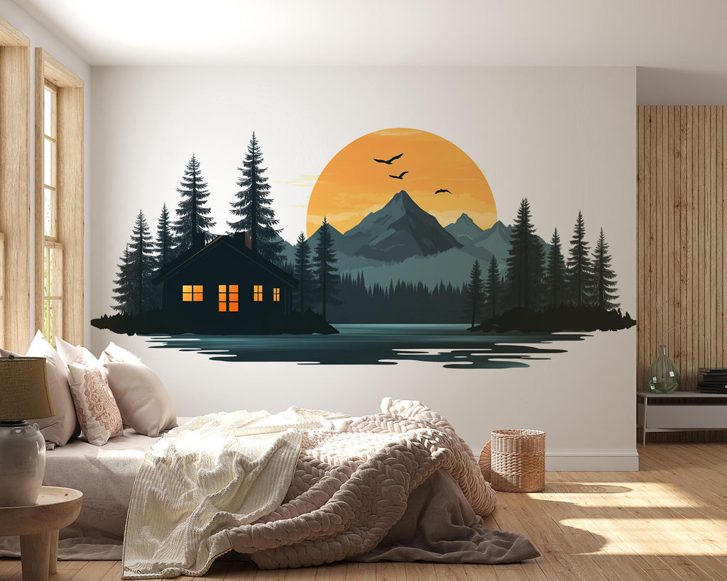 Mountain Cabin Wall Decal, Rustic Lake House Wall Art, Cozy Lodge Wall Sticker, Forest Sunset Mural, Airbnb Cabin Decor, Woodland Retreat