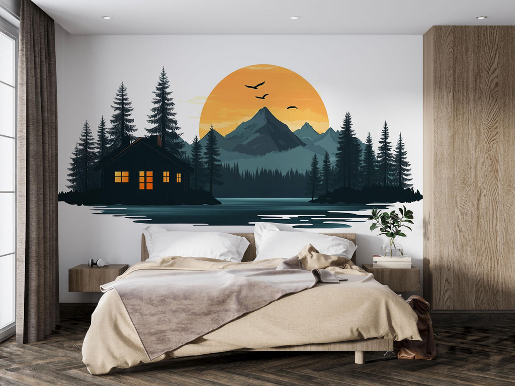 Mountain Cabin Wall Decal, Rustic Lake House Wall Art, Cozy Lodge Wall Sticker, Forest Sunset Mural, Airbnb Cabin Decor, Woodland Retreat