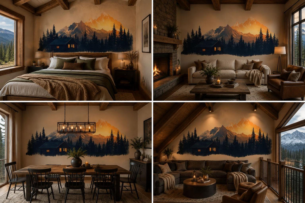 Mountain Cabin Wall Decal, Rustic Forest Wall Art, Cozy Lodge Wall Sticker, Mountain Landscape Mural, Airbnb Cabin Decor, Woodland Retreat