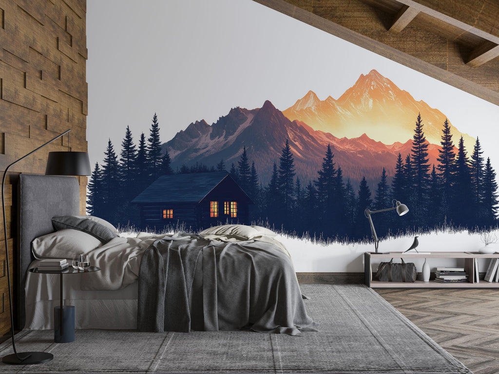 Mountain Cabin Wall Decal, Rustic Forest Wall Art, Cozy Lodge Wall Sticker, Mountain Landscape Mural, Airbnb Cabin Decor, Woodland Retreat