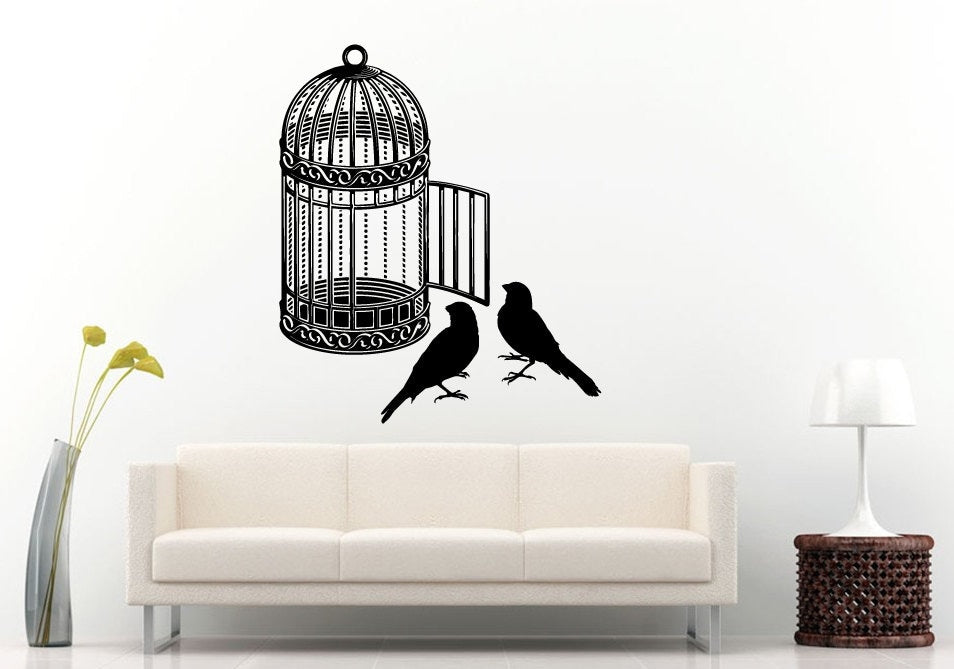 Cool Bird Cage With Two Birds Wall Decal Vinyl Sticker Mural Room Decor L958