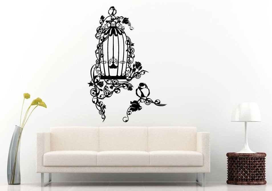 Beautiful Ornament Design Bird Cage With Birds Wall Decal Vinyl Sticker Mural Room Decor L962