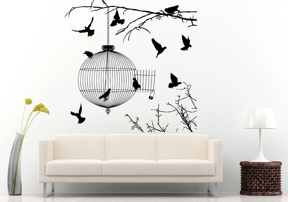 Beautiful Tree Branch With Round Bird Cage Hanging And Birds Everywhere Wall Decal Vinyl Sticker Mural Room Decor L964