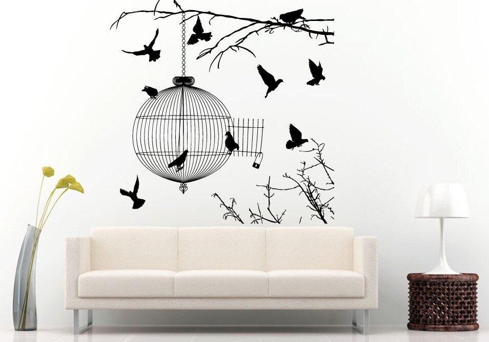 Beautiful Tree Branch With Round Bird Cage Hanging And Birds Everywhere Wall Decal Vinyl Sticker Mural Room Decor L964