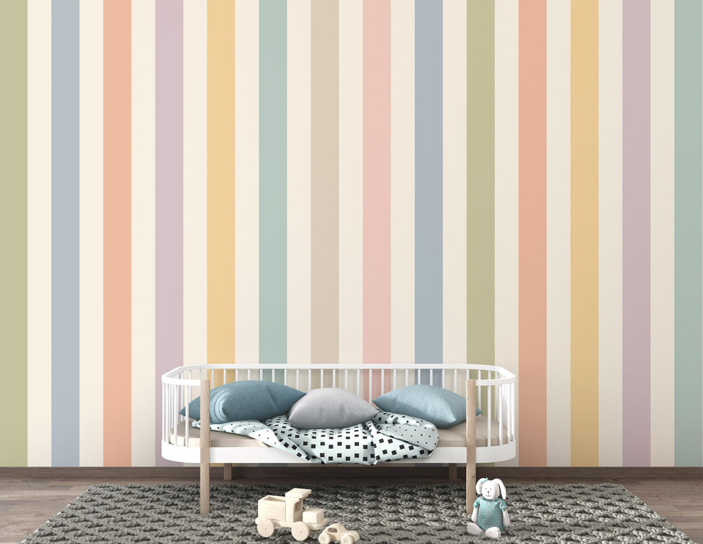 Pastel Stripe Wallpaper for Nursery, Boho Kids Room Wall Mural, Watercolor Vertical Stripe Wallpaper Decor, Neutral Playroom Wall Art 856LU
