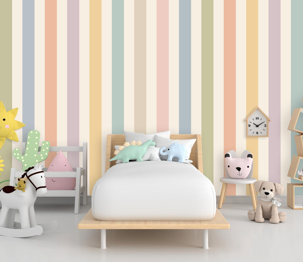 Pastel Stripe Wallpaper for Nursery, Boho Kids Room Wall Mural, Watercolor Vertical Stripe Wallpaper Decor, Neutral Playroom Wall Art 856LU