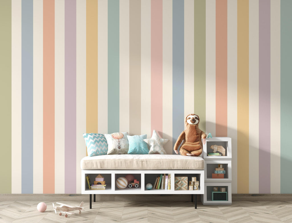Pastel Stripe Wallpaper for Nursery, Boho Kids Room Wall Mural, Watercolor Vertical Stripe Wallpaper Decor, Neutral Playroom Wall Art 856LU