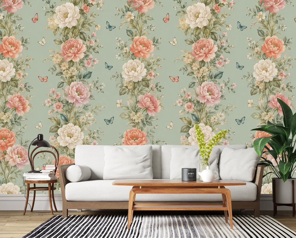 Vintage Floral Wallpaper, Botanical Wall Mural, Cottagecore Flower Wallpaper, Peony Garden Bedroom Decor, Peel and Stick 857LU