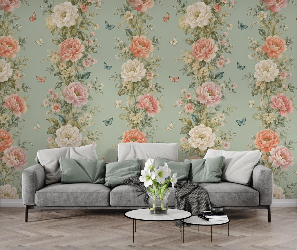 Vintage Floral Wallpaper, Botanical Wall Mural, Cottagecore Flower Wallpaper, Peony Garden Bedroom Decor, Peel and Stick 857LU