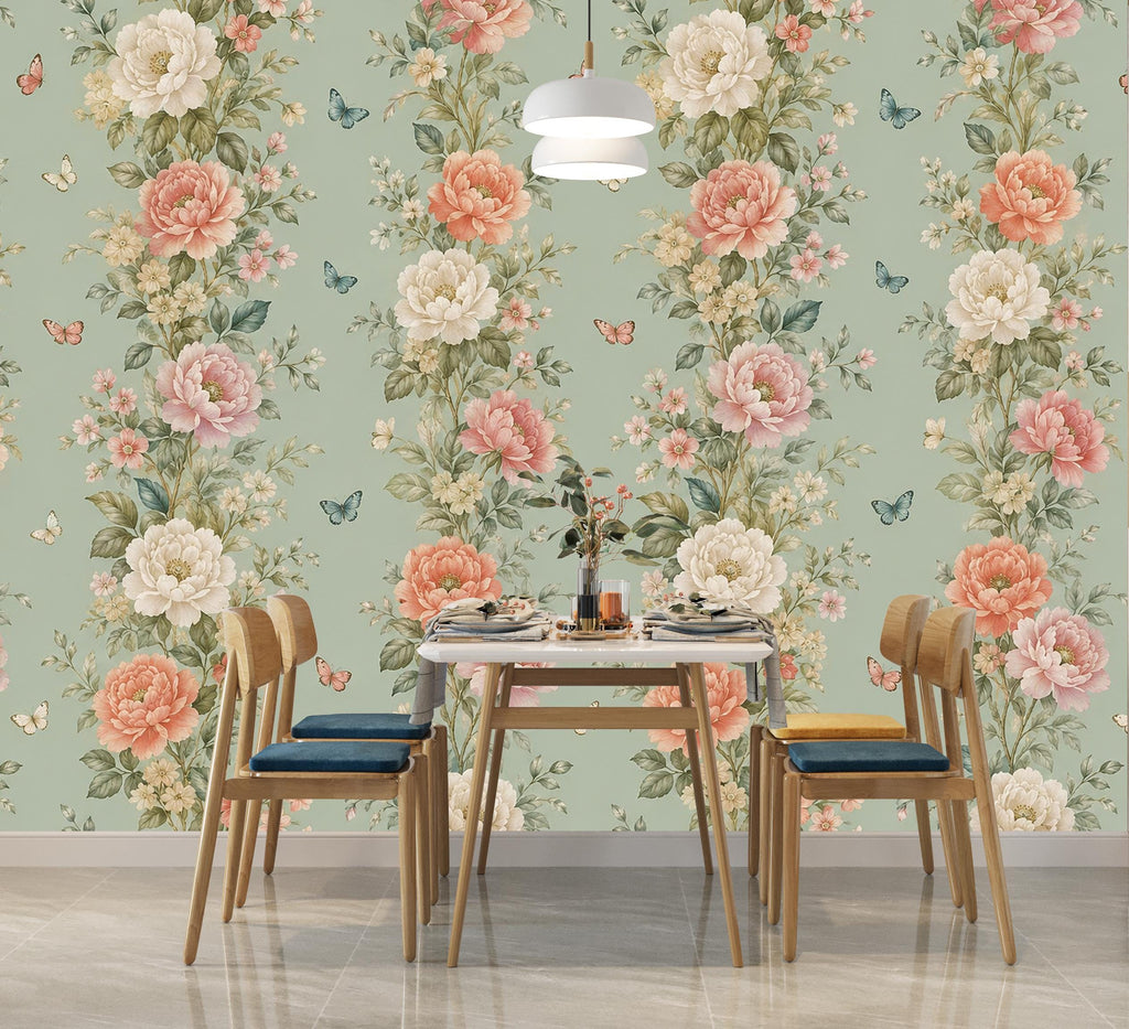Vintage Floral Wallpaper, Botanical Wall Mural, Cottagecore Flower Wallpaper, Peony Garden Bedroom Decor, Peel and Stick 857LU