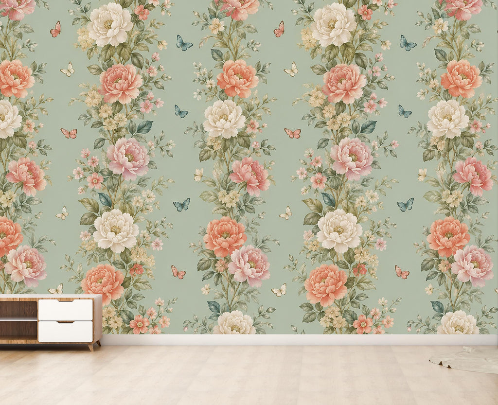 Vintage Floral Wallpaper, Botanical Wall Mural, Cottagecore Flower Wallpaper, Peony Garden Bedroom Decor, Peel and Stick 857LU