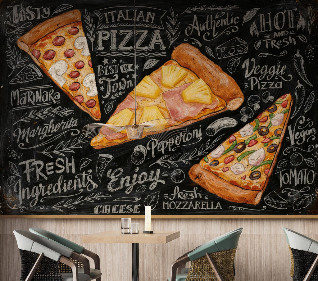 Vintage Pizzeria Wallpaper – Italian Pizza Wall Mural with Rustic Food Illustrations, Kitchen Decor Fabric Restaurant Mural 1159RS