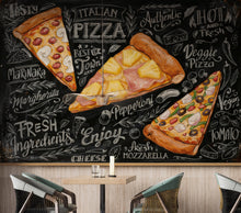 Load image into Gallery viewer, Vintage Pizzeria Wallpaper – Italian Pizza Wall Mural with Rustic Food Illustrations, Kitchen Decor Fabric Restaurant Mural 1159RS