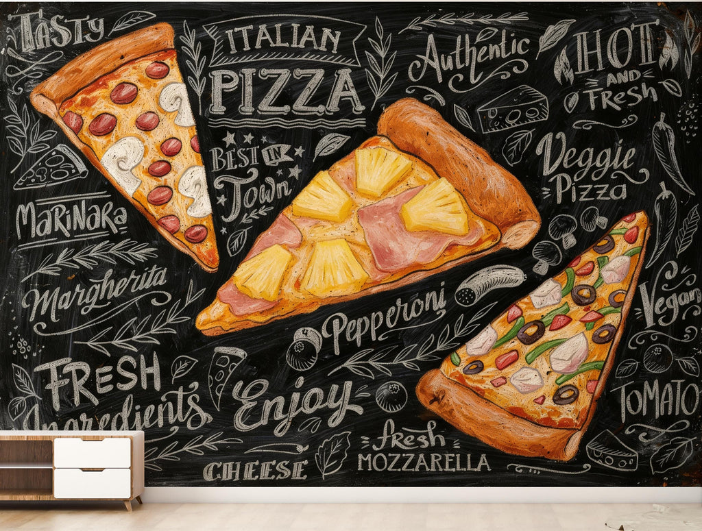 Vintage Pizzeria Wallpaper – Italian Pizza Wall Mural with Rustic Food Illustrations, Kitchen Decor Fabric Restaurant Mural 1159RS