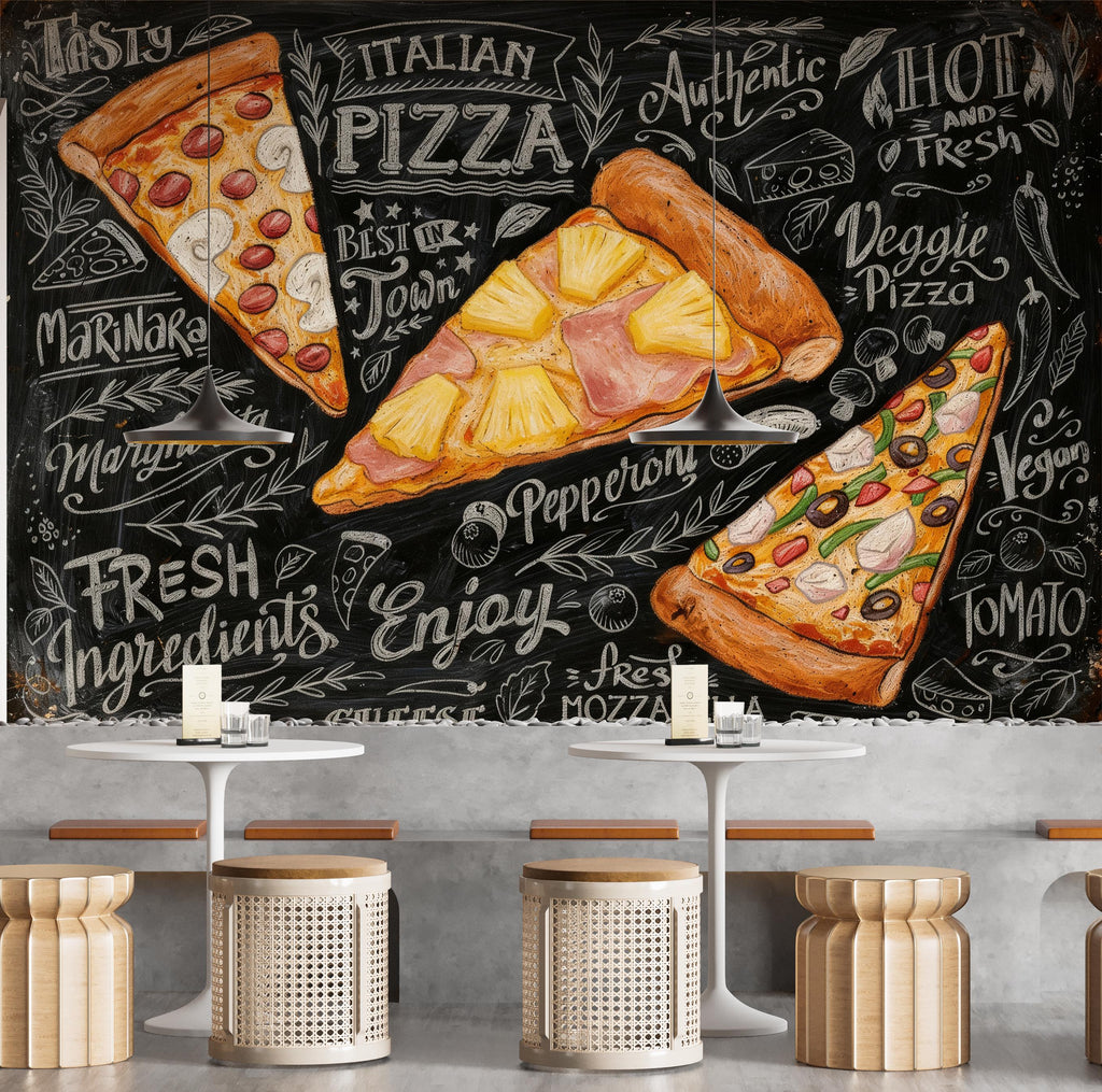Vintage Pizzeria Wallpaper – Italian Pizza Wall Mural with Rustic Food Illustrations, Kitchen Decor Fabric Restaurant Mural 1159RS