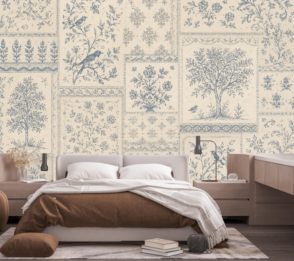 Vintage Blue Floral Wallpaper, Toile Botanical Wall Mural, Cottagecore Patchwork Wallpaper, Farmhouse Decor, Peel & Stick 858LU