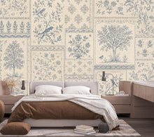 Load image into Gallery viewer, Vintage Blue Floral Wallpaper, Toile Botanical Wall Mural, Cottagecore Patchwork Wallpaper, Farmhouse Decor, Peel &amp; Stick 858LU