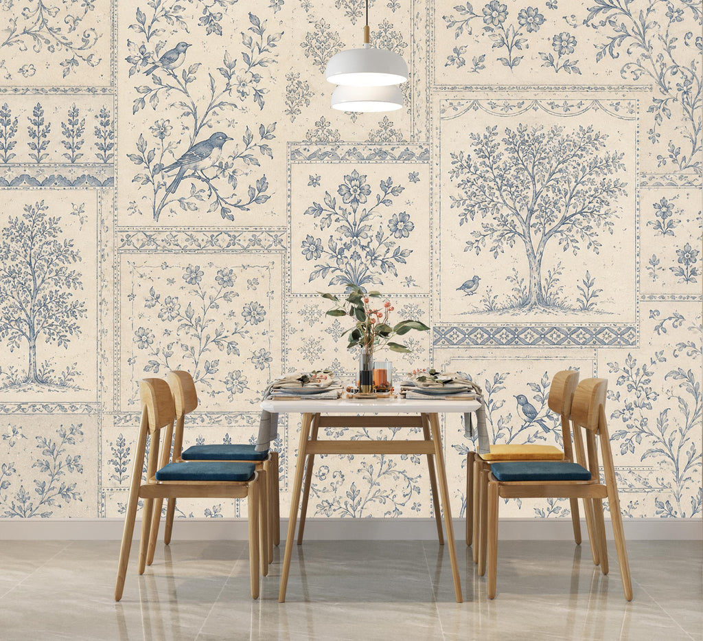 Vintage Blue Floral Wallpaper, Toile Botanical Wall Mural, Cottagecore Patchwork Wallpaper, Farmhouse Decor, Peel & Stick 858LU