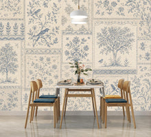 Load image into Gallery viewer, Vintage Blue Floral Wallpaper, Toile Botanical Wall Mural, Cottagecore Patchwork Wallpaper, Farmhouse Decor, Peel &amp; Stick 858LU