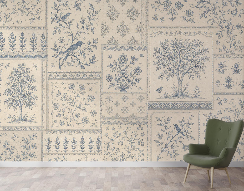 Vintage Blue Floral Wallpaper, Toile Botanical Wall Mural, Cottagecore Patchwork Wallpaper, Farmhouse Decor, Peel & Stick 858LU