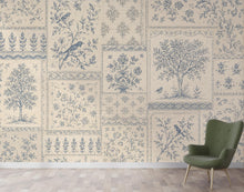 Load image into Gallery viewer, Vintage Blue Floral Wallpaper, Toile Botanical Wall Mural, Cottagecore Patchwork Wallpaper, Farmhouse Decor, Peel &amp; Stick 858LU