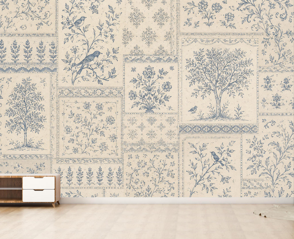 Vintage Blue Floral Wallpaper, Toile Botanical Wall Mural, Cottagecore Patchwork Wallpaper, Farmhouse Decor, Peel & Stick 858LU