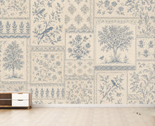 Load image into Gallery viewer, Vintage Blue Floral Wallpaper, Toile Botanical Wall Mural, Cottagecore Patchwork Wallpaper, Farmhouse Decor, Peel &amp; Stick 858LU