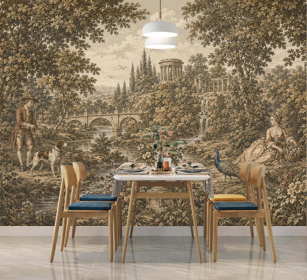 Vintage Pastoral Landscape Wallpaper Mural | Medieval Garden Wall Mural | Antique European Countryside Decor, Peel & Stick 859LU