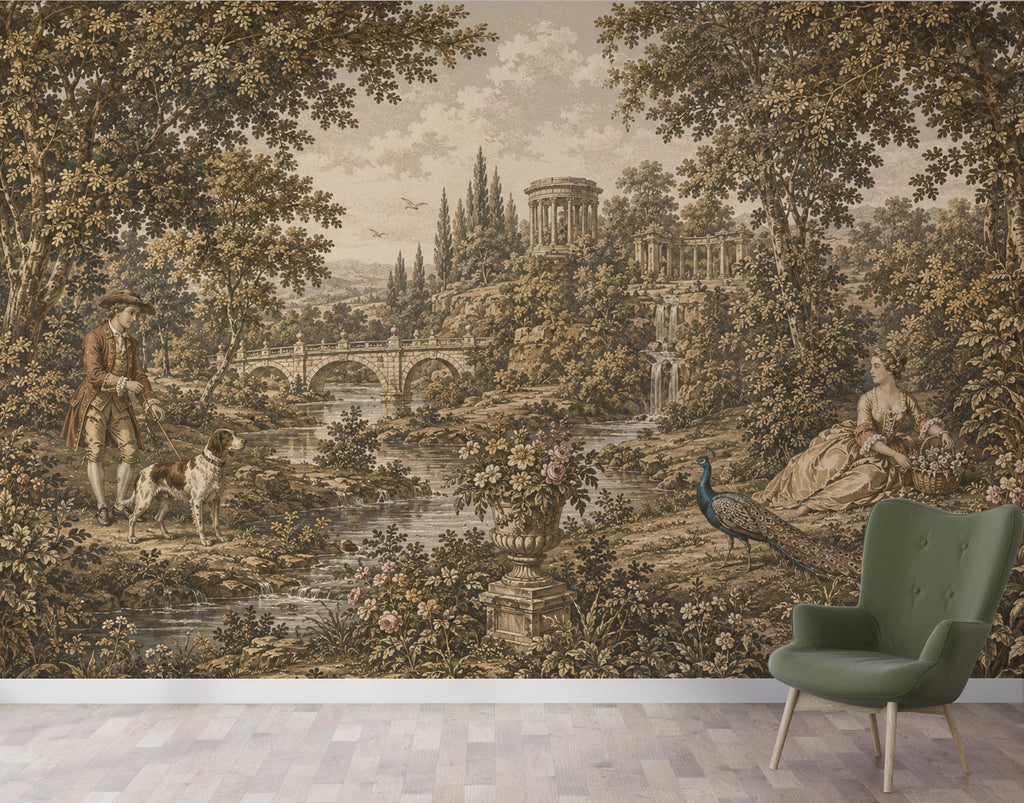 Vintage Pastoral Landscape Wallpaper Mural | Medieval Garden Wall Mural | Antique European Countryside Decor, Peel & Stick 859LU