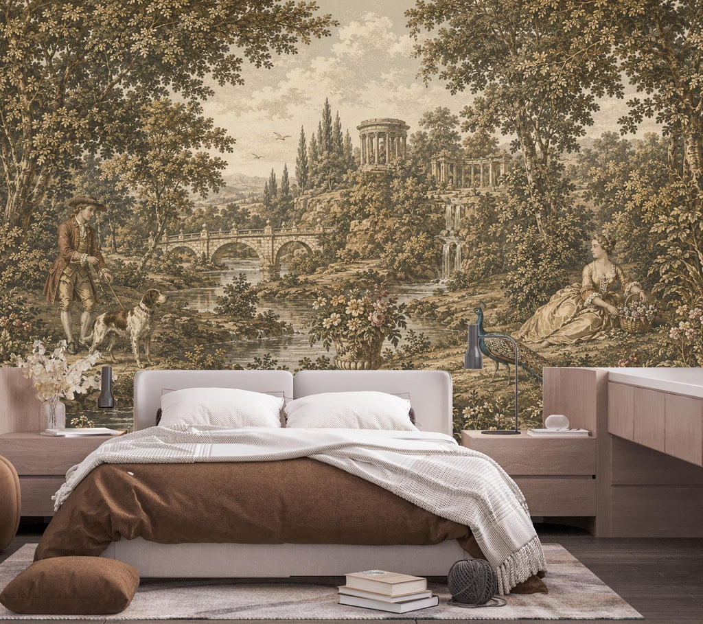 Vintage Pastoral Landscape Wallpaper Mural | Medieval Garden Wall Mural | Antique European Countryside Decor, Peel & Stick 859LU
