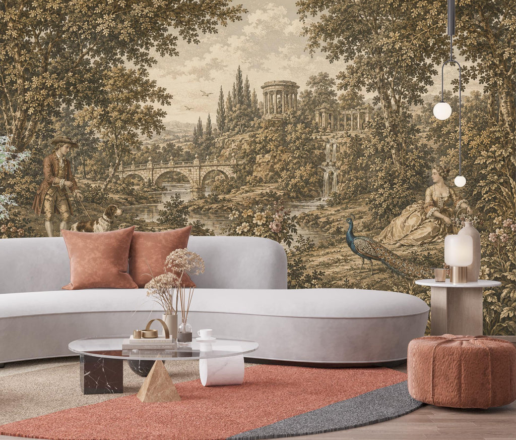 Vintage Pastoral Landscape Wallpaper Mural | Medieval Garden Wall Mural | Antique European Countryside Decor, Peel & Stick 859LU