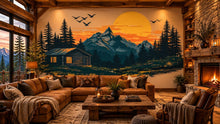 Load image into Gallery viewer, Mountain Cabin Sunset Wall Decal, Rustic Lodge Wall Art, Forest Cabin Mural, Cozy Airbnb Decor, Woodland Mountain Scene Sticker, Lake House