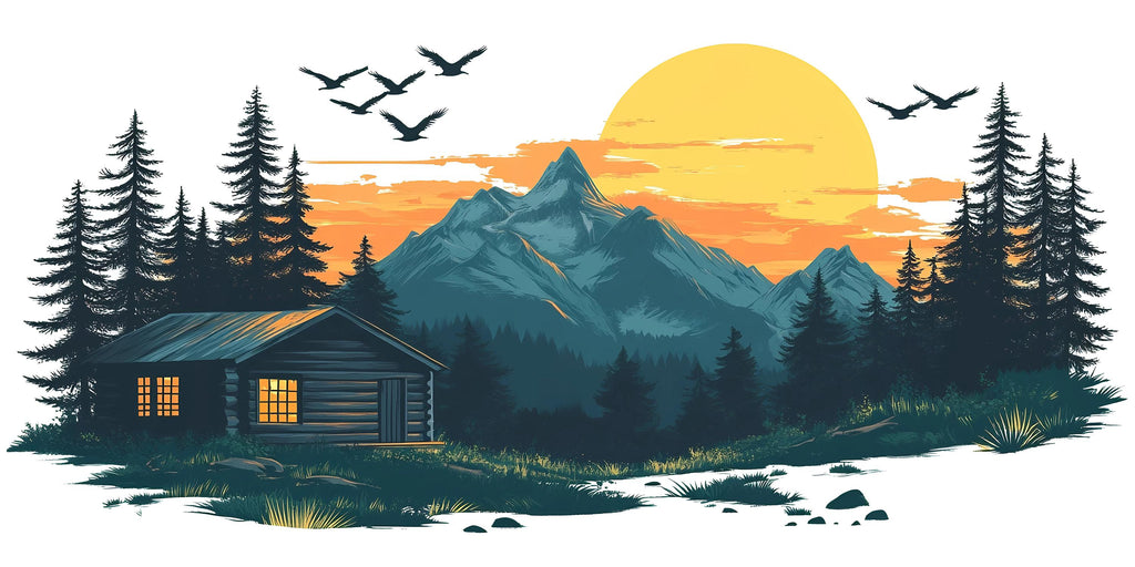 Mountain Cabin Sunset Wall Decal, Rustic Lodge Wall Art, Forest Cabin Mural, Cozy Airbnb Decor, Woodland Mountain Scene Sticker, Lake House