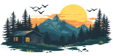 Load image into Gallery viewer, Mountain Cabin Sunset Wall Decal, Rustic Lodge Wall Art, Forest Cabin Mural, Cozy Airbnb Decor, Woodland Mountain Scene Sticker, Lake House