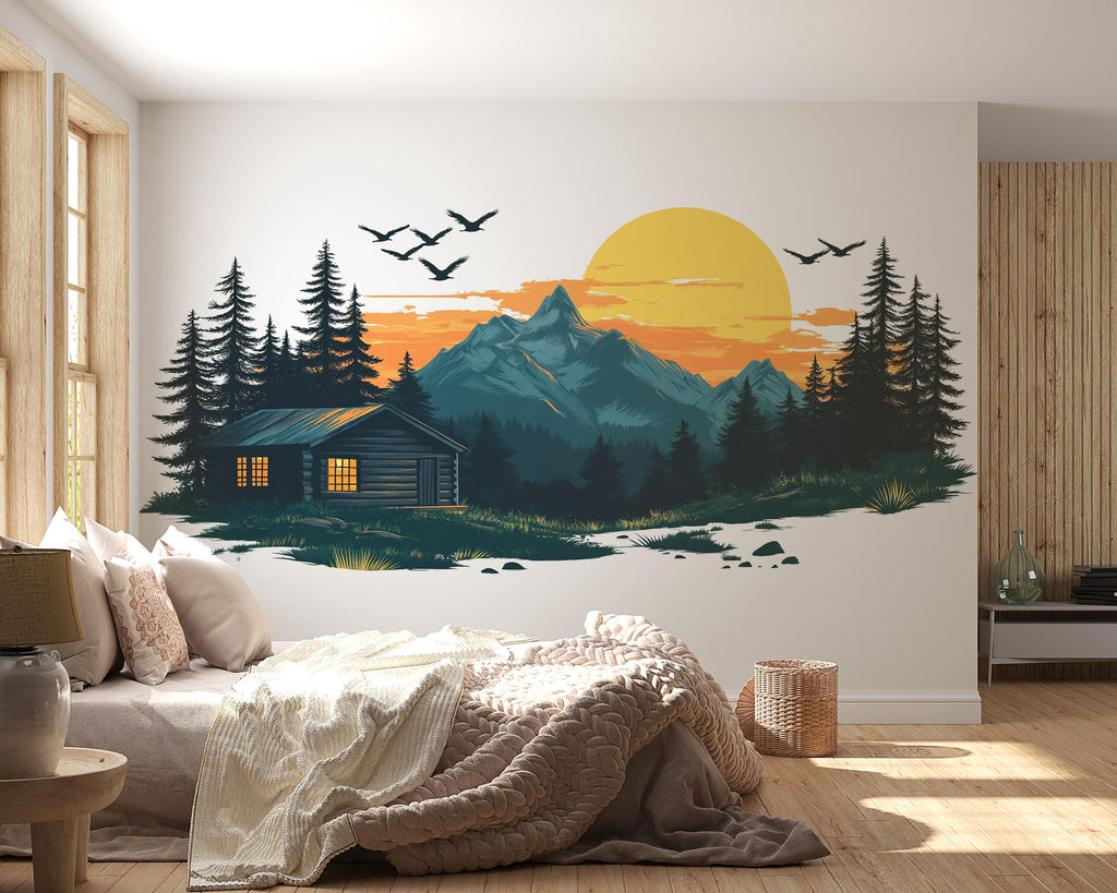 Mountain Cabin Sunset Wall Decal, Rustic Lodge Wall Art, Forest Cabin Mural, Cozy Airbnb Decor, Woodland Mountain Scene Sticker, Lake House