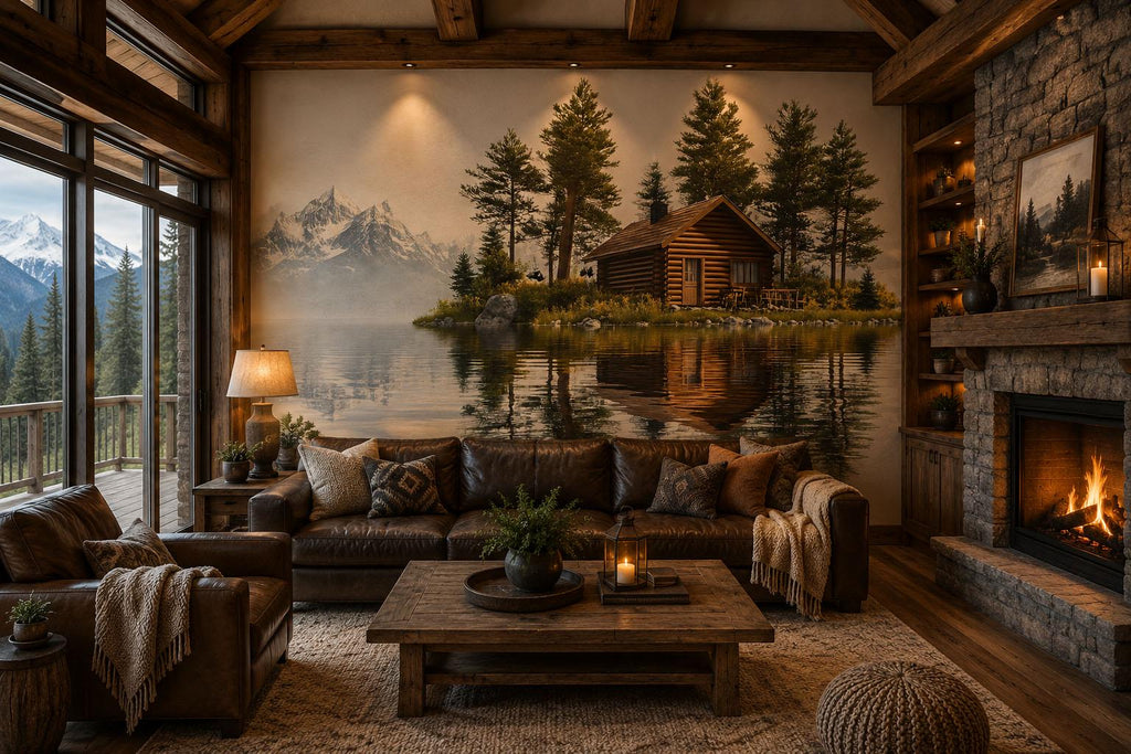 Lake Cabin Wall Decal, Rustic Lodge Wall Art, Mountain Lake Mural, Cozy Airbnb Decor, Forest Cabin Wall Sticker, Woodland Retreat Decor