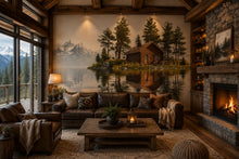 Load image into Gallery viewer, Lake Cabin Wall Decal, Rustic Lodge Wall Art, Mountain Lake Mural, Cozy Airbnb Decor, Forest Cabin Wall Sticker, Woodland Retreat Decor