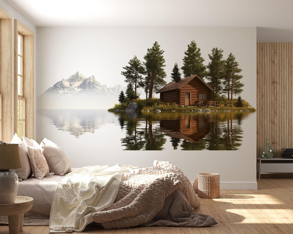 Lake Cabin Wall Decal, Rustic Lodge Wall Art, Mountain Lake Mural, Cozy Airbnb Decor, Forest Cabin Wall Sticker, Woodland Retreat Decor