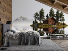 Load image into Gallery viewer, Lake Cabin Wall Decal, Rustic Lodge Wall Art, Mountain Lake Mural, Cozy Airbnb Decor, Forest Cabin Wall Sticker, Woodland Retreat Decor