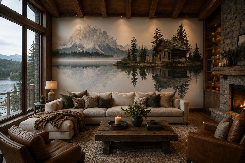 Rustic Lake Cabin Wall Decal, Mountain Reflection Wall Art, Cozy Lodge Mural, Airbnb Cabin Decor, Forest Lake Wall Sticker, Woodland Retreat