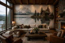 Load image into Gallery viewer, Rustic Lake Cabin Wall Decal, Mountain Reflection Wall Art, Cozy Lodge Mural, Airbnb Cabin Decor, Forest Lake Wall Sticker, Woodland Retreat