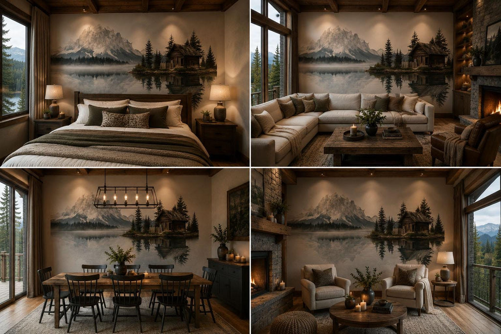 Rustic Lake Cabin Wall Decal, Mountain Reflection Wall Art, Cozy Lodge Mural, Airbnb Cabin Decor, Forest Lake Wall Sticker, Woodland Retreat