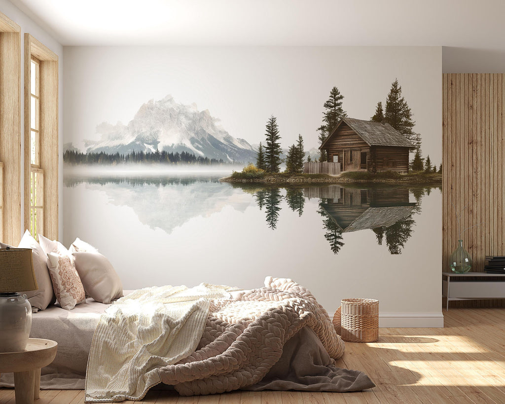 Rustic Lake Cabin Wall Decal, Mountain Reflection Wall Art, Cozy Lodge Mural, Airbnb Cabin Decor, Forest Lake Wall Sticker, Woodland Retreat