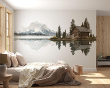 Load image into Gallery viewer, Rustic Lake Cabin Wall Decal, Mountain Reflection Wall Art, Cozy Lodge Mural, Airbnb Cabin Decor, Forest Lake Wall Sticker, Woodland Retreat