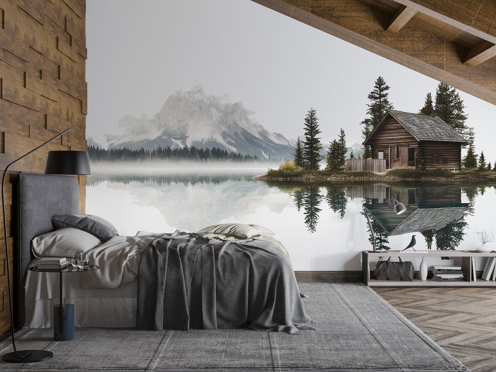 Rustic Lake Cabin Wall Decal, Mountain Reflection Wall Art, Cozy Lodge Mural, Airbnb Cabin Decor, Forest Lake Wall Sticker, Woodland Retreat