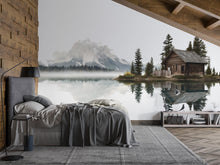 Load image into Gallery viewer, Rustic Lake Cabin Wall Decal, Mountain Reflection Wall Art, Cozy Lodge Mural, Airbnb Cabin Decor, Forest Lake Wall Sticker, Woodland Retreat