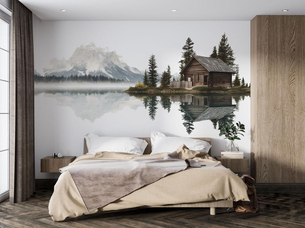 Rustic Lake Cabin Wall Decal, Mountain Reflection Wall Art, Cozy Lodge Mural, Airbnb Cabin Decor, Forest Lake Wall Sticker, Woodland Retreat